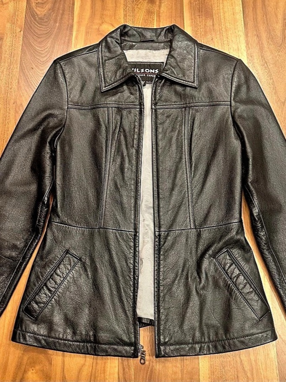VTG 90s Wilsons Leather Jacket Womens XSmall Black Zip Up Fitted Panel Seams Y2K